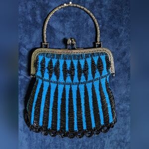 Victorian Style ABSTRACT Black & Blue HndMd Boutique Crystal Bead Heirloom Purse
